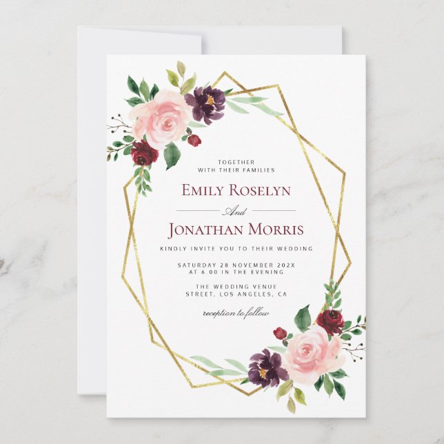 geometric burgundy and blush floral wedding invitation (Front)