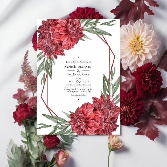 Geometric Burgundy and White Floral Wedding Invitation (Creator Uploaded)