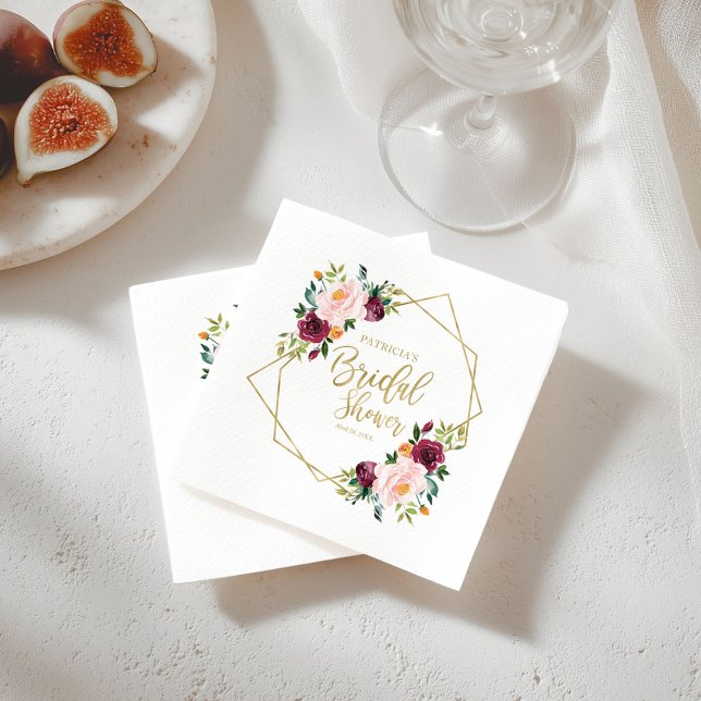 Geometric Burgundy Blush Floral Bridal Shower Napkin (Creator Uploaded)