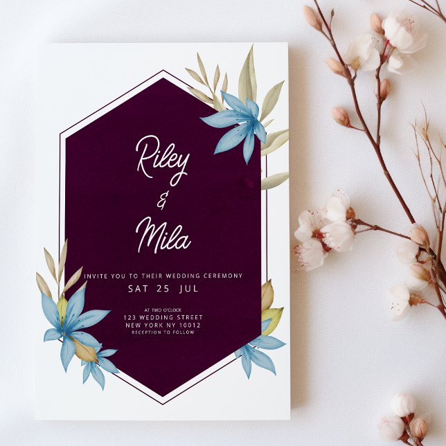 Geometric burgundy brown blue floral Wedding Invitation (Geometric burgundy brown blue floral Wedding )