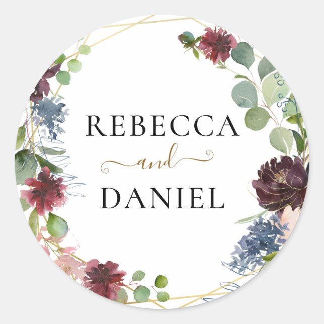 Geometric Burgundy Floral Personalized Wedding Classic Round Sticker (Front)