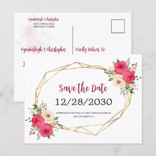 Geometric Burgundy Floral Wedding Save the Date Announcement Postcard