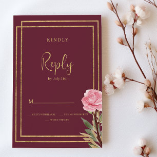 Geometric burgundy gold pink mint flower RSVP  Invitation