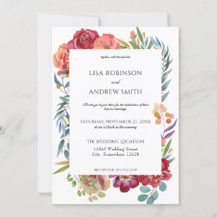 Geometric Burgundy Tropical Floral Wedding- White Invitation