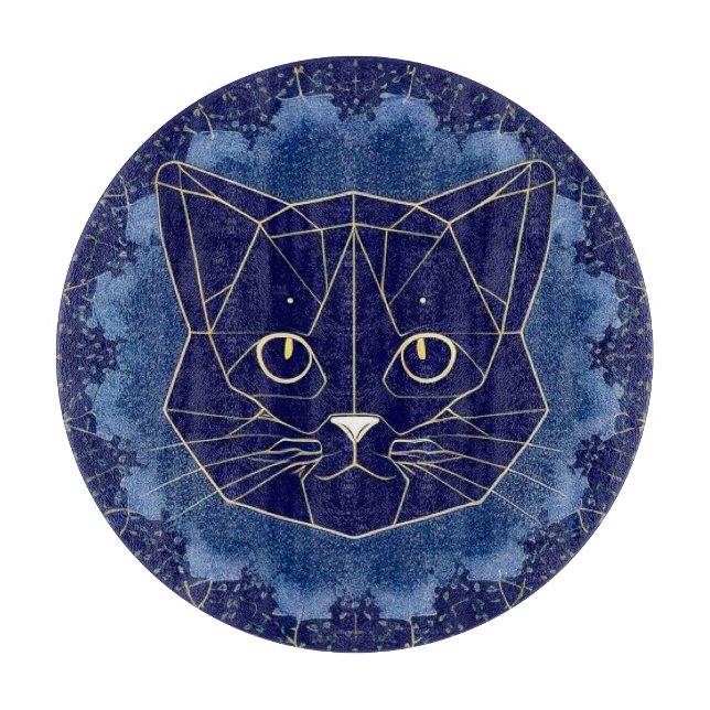Geometric Cat Design Surrounded by Gold Stars Cutting Board (Front)