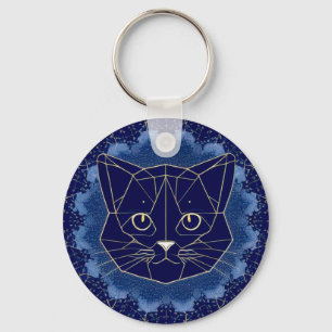 Geometric Cat Design Surrounded by Gold Stars Keychain