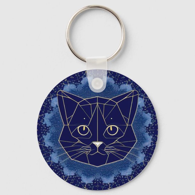 Geometric Cat Design Surrounded by Gold Stars Keychain (Front)