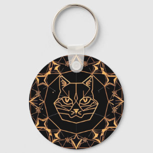 Geometric Cat Design with Gold Lines Keychain