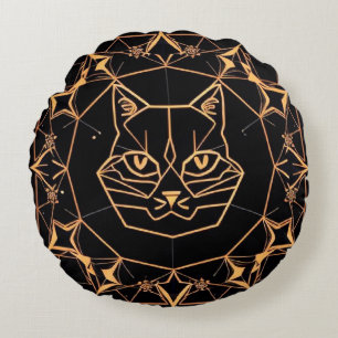 Geometric Cat Design with Gold Lines Round Pillow
