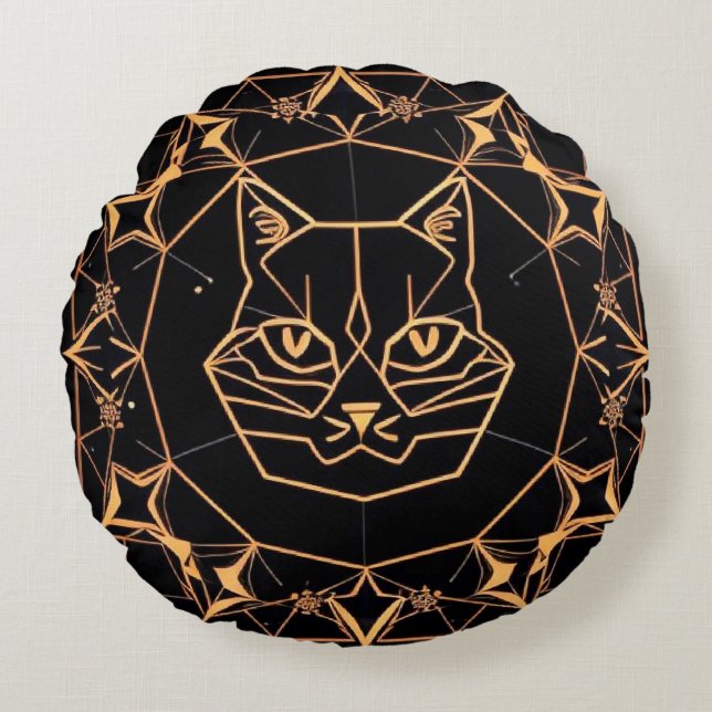 Geometric Cat Design with Gold Lines Round Pillow (Front)