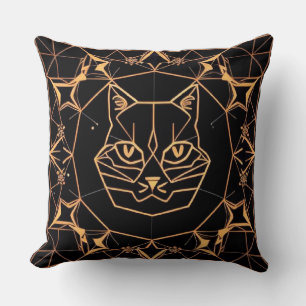 Geometric Cat Design with Gold Lines Throw Pillow