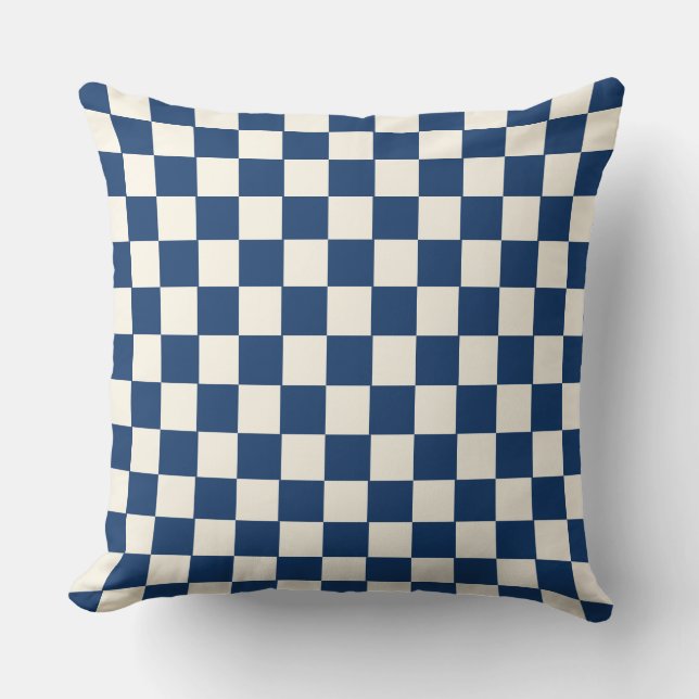 Geometric Checkerboard Pattern navy blue and White Throw Pillow (Front)