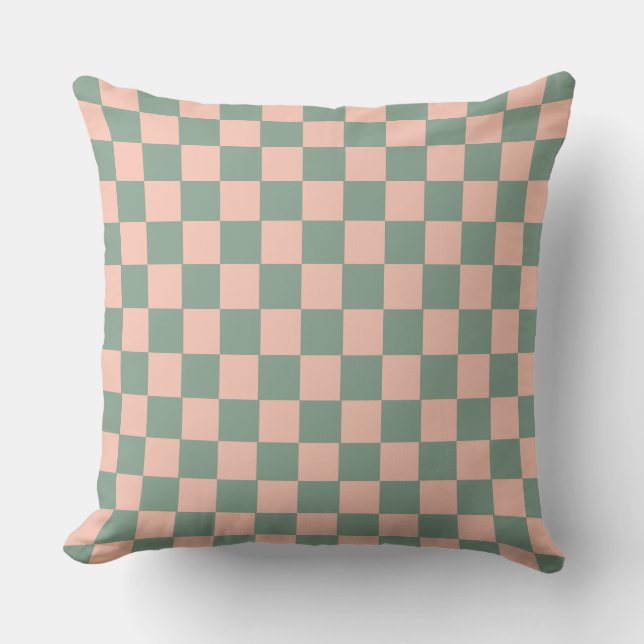 Geometric Checkerboard Pattern Sage Green Pink Throw Pillow (Front)
