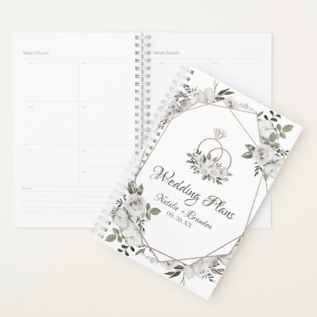 Geometric Cherish White Floral Roses Wedding Plans Planner (Display)