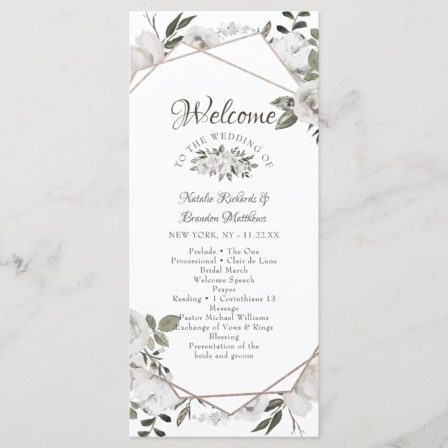 Geometric Cherish White Floral Wedding Ceremony Program (Front)