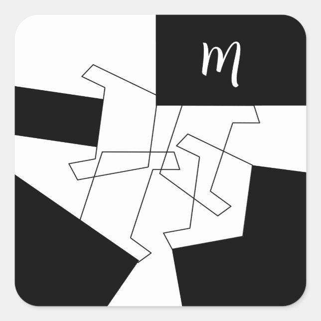 Geometric Chic Black And White Pattern Monogrammed Square Sticker (Front)