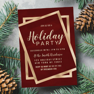 Geometric Chic Gold Burgundy Red Holiday Party Invitation Postcard