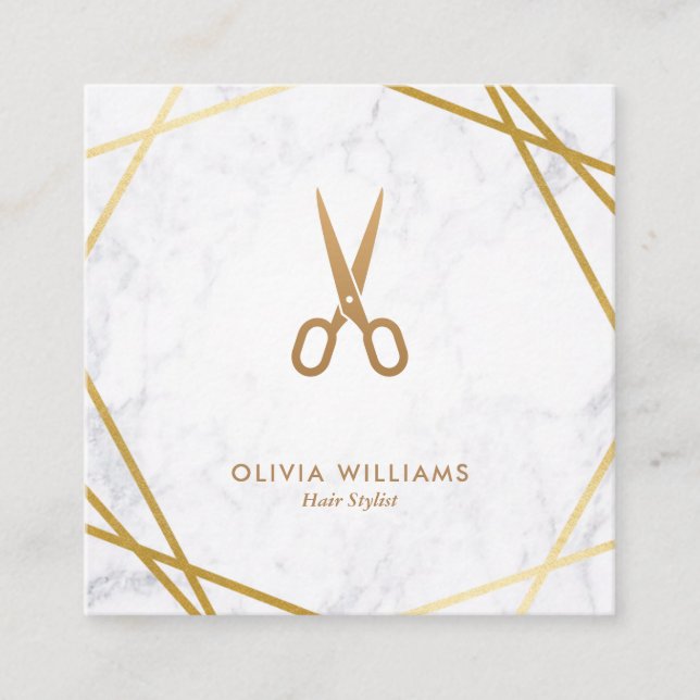 Geometric Chic Gold Scissors Marble Hair Stylist Square Business Card (Front)