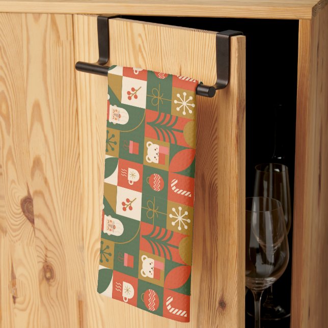 Geometric Christmas Seamless Santa Bear Pattern Kitchen Towel (Thirds Fold)