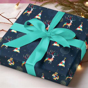 Geometric Christmas Trees Reindeer Baubles Wrapping Paper