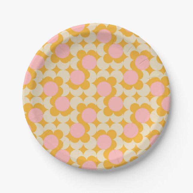 Geometric Circle Mid Century Flower Pattern Paper Plate (Front)