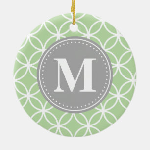 Geometric Circles Mint Green Grey Monogram Ceramic Ornament