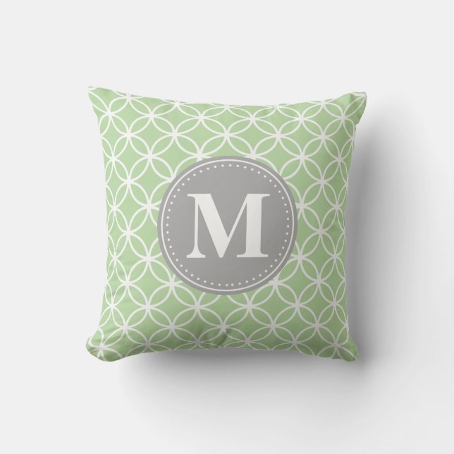 Geometric Circles Mint Green Grey Monogram Throw Pillow (Front)