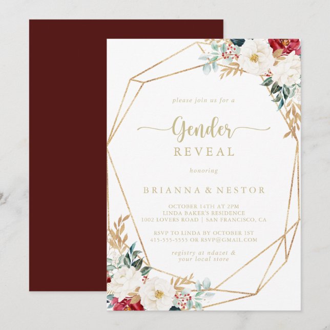 Geometric Classic Gold Floral Gender Reveal Party  Invitation (Front/Back)