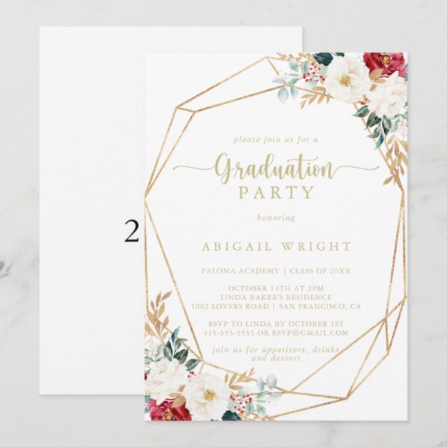 Geometric Classic Gold Floral Graduation Party   Invitation (Front/Back)