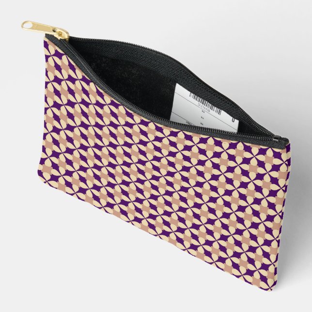 Geometric classic patten beige indigo blue  accessory pouch (Open)