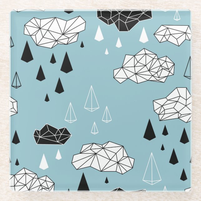 Geometric clouds and rain, seamless pattern. glass coaster (Front)