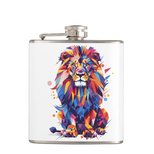 Geometric colorful lion design hip flask (Front)