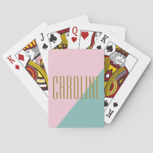 Geometric Colour Block Pink Teal Personalized Name Playing Cards