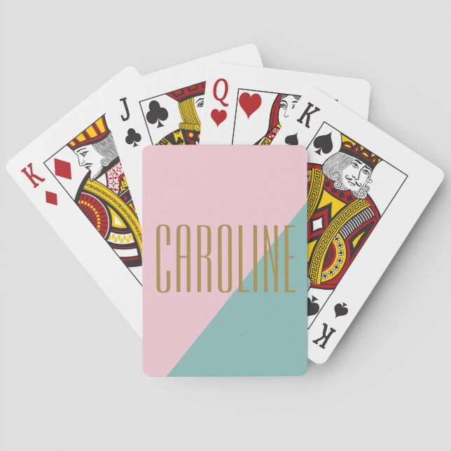 Geometric Colour Block Pink Teal Personalized Name Playing Cards (Back)
