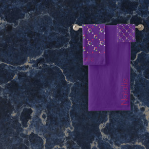 Geometric coloured pattern lavender name bath towel set