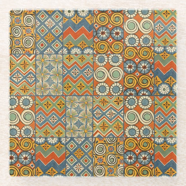 Geometric Colourful Antique Egyptian Graphic Art Glass Coaster (Front)