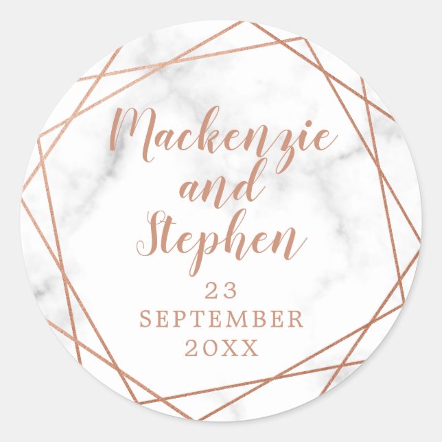 Geometric Copper Marble Personalized Wedding Classic Round Sticker (Front)