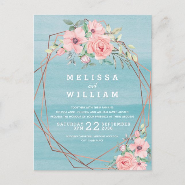 Geometric Copper Watercolor Floral Beach Wedding Invitation Postcard (Front)