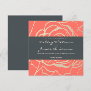 Geometric Coral Rose Floral Square Wedding Invitation