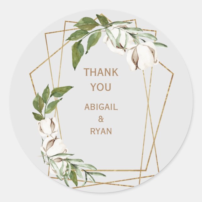 Geometric & Cotton Foliage Grey Wedding Thank You  Classic Round Sticker (Front)