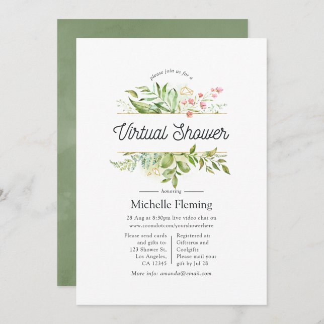 Geometric Crystal Greenery Virtual Shower Invitation (Front/Back)