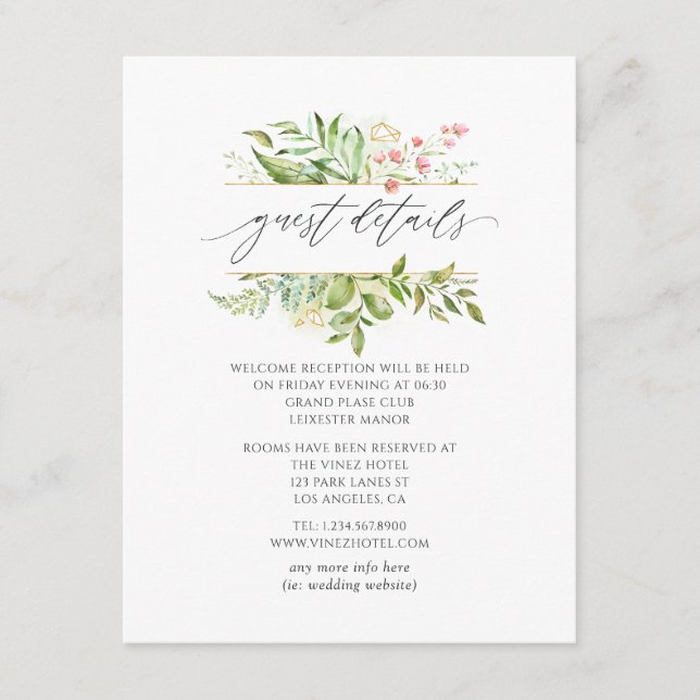 Geometric Crystal Greenery Wedding Guest Details Enclosure Card (Front)
