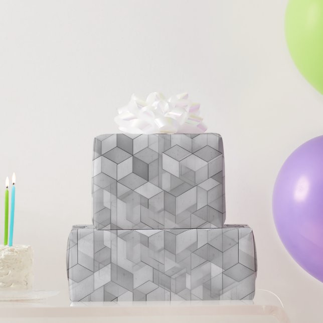 Geometric Cube Grey Silver Abstract Pattern Wrapping Paper (Party Gifts)