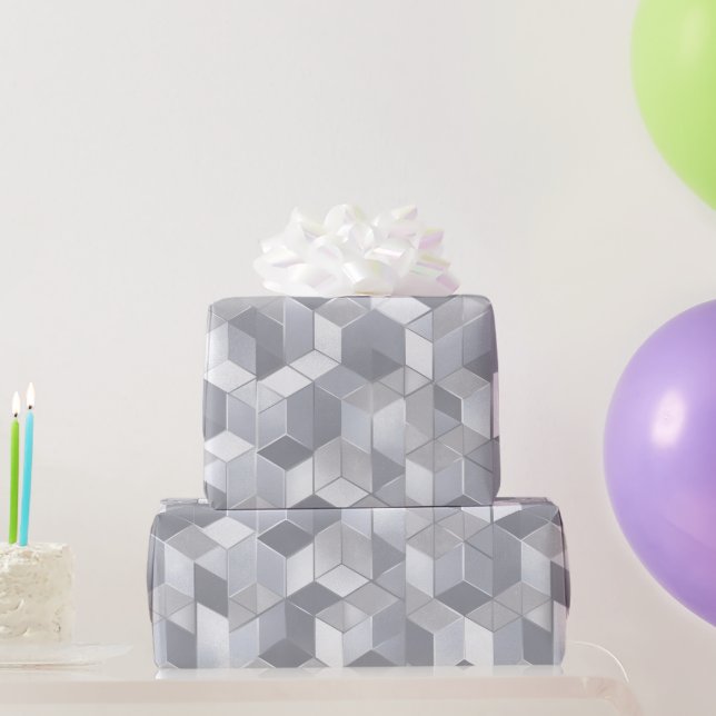 Geometric Cube Grey Silver Abstract Pattern Wrapping Paper (Party Gifts)