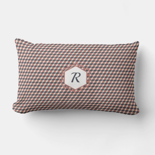 Geometric Cube Pattern in Coral, Blue & Cream Lumbar Pillow (Front)