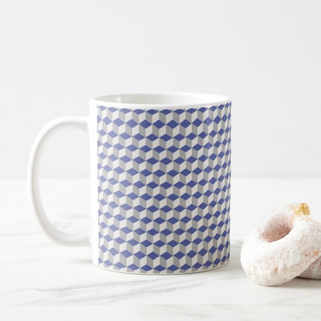 Geometric Cube Pattern in Purple, Grey & White Coffee Mug (With Donut)