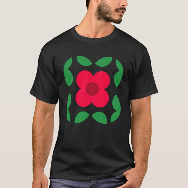 Geometric Cute Red Daisy Flower and Leaves T-Shirt (Front)