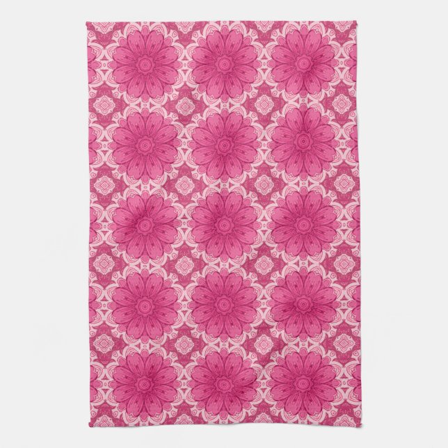 Geometric Daisy Pattern in Coral and Pastel Pink   Kitchen Towel (Vertical)
