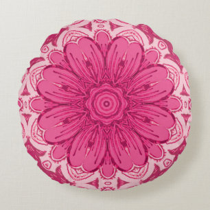 Geometric Daisy Pattern in Coral and Pastel Pink Round Pillow