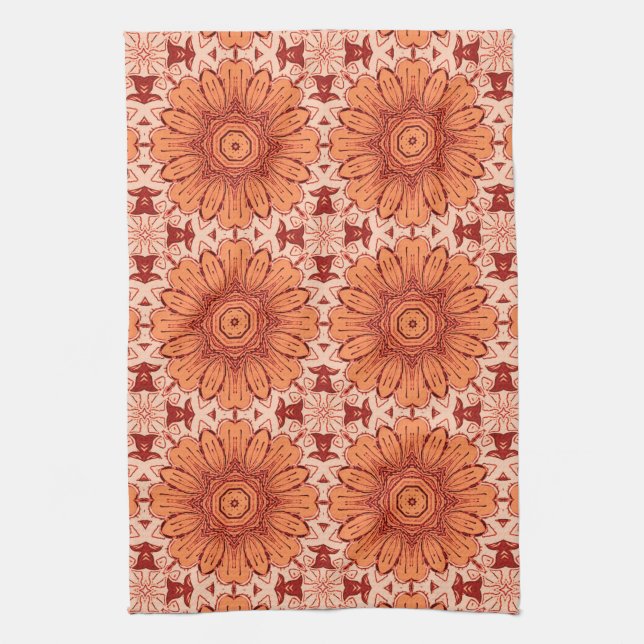 Geometric Daisy Pattern in  Mandarin Orange  Kitchen Towel (Vertical)